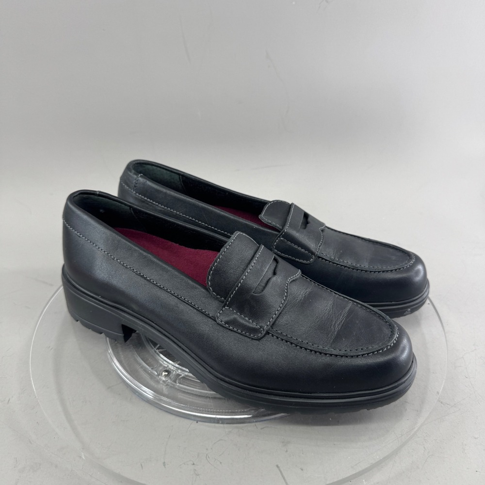 Munro American Womens Black Leather Penny Loafers Lug Sole Shoes Size 6.5 M